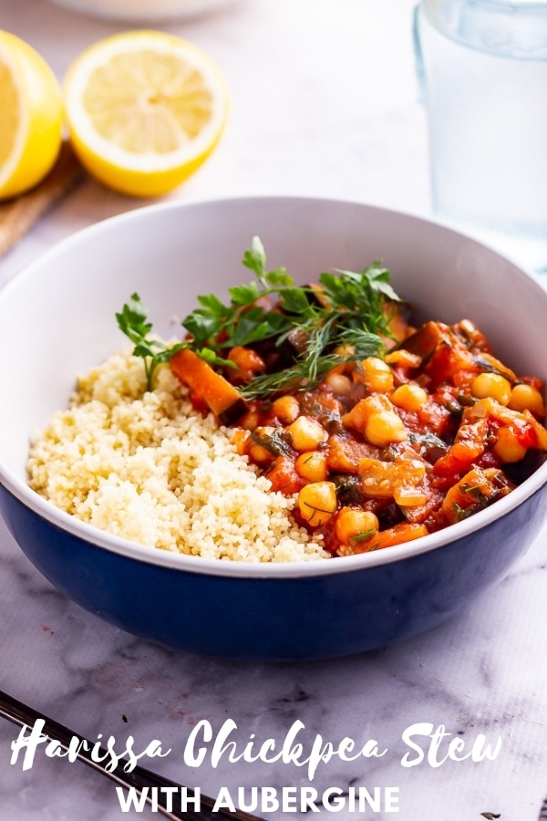 Pinterest image for harissa chickpea stew with text overlay