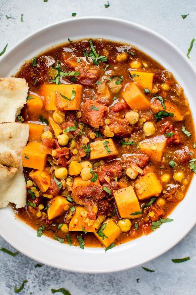 Overhead shot of sweet potato curry for vegan comfort food round up