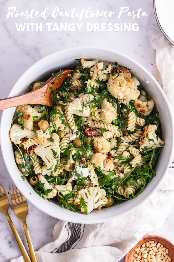 Pinterest image for roasted cauliflower pasta with text overlay