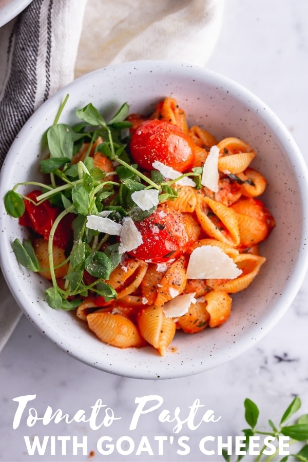 Pinterest image for tomato pasta with goat's cheese with text overlay