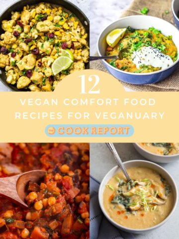 Pinterest graphic for vegan comfort food recipes round up with text overlay