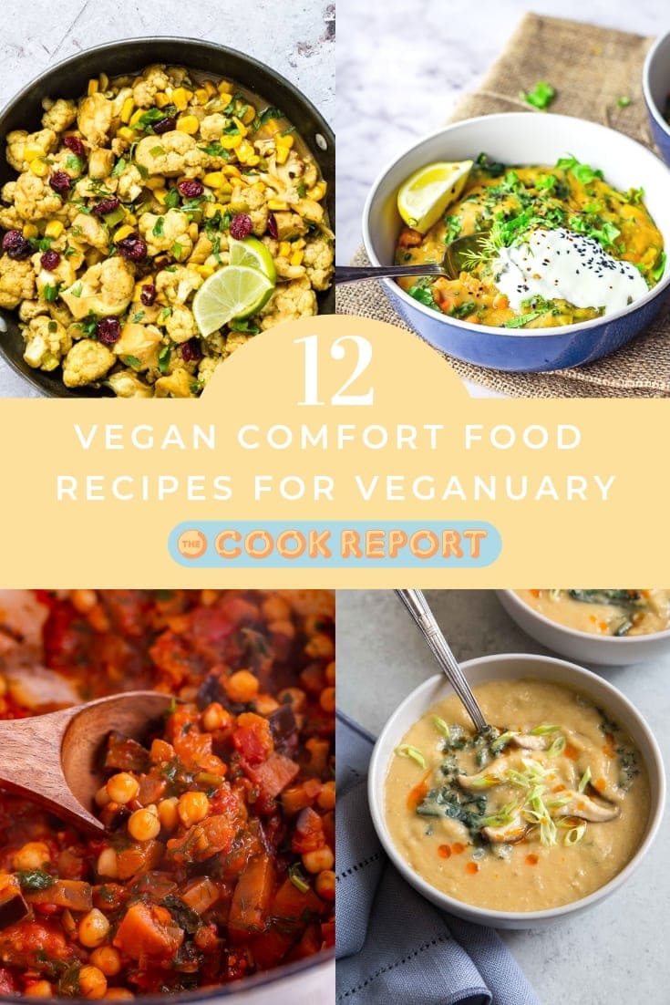 Pinterest graphic for vegan comfort food recipes round up with text overlay