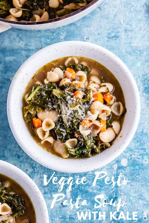 Pinterest image for veggie pesto pasta soup with text overlay