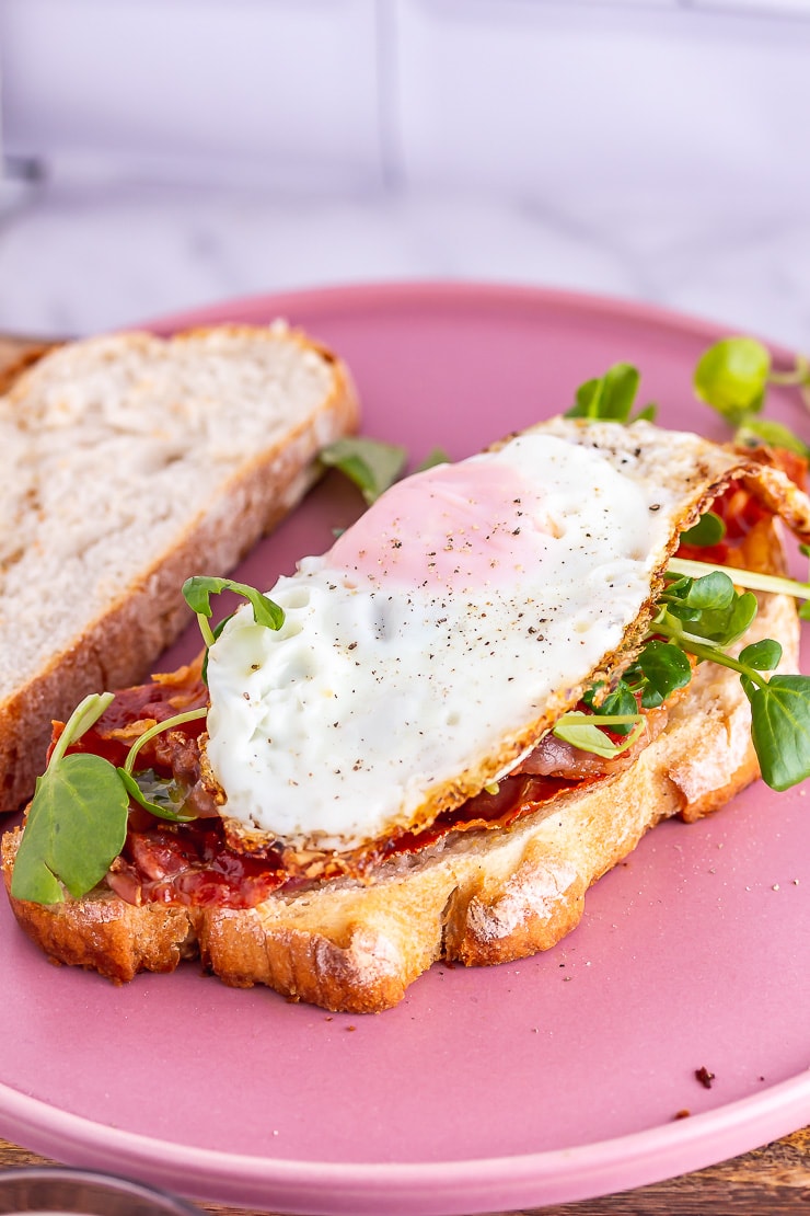 Prosciutto and egg breakfast sandwich on a pink plate