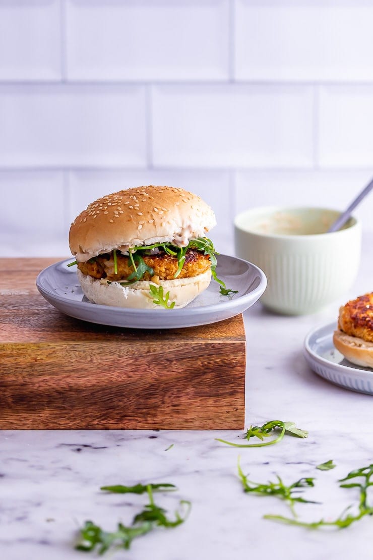 Side on shot of veggie burgers on a marble surface