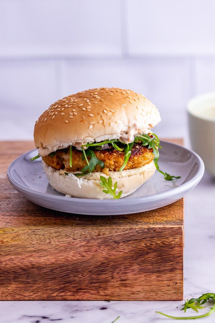 Close up of veggie burgers on a grey plate