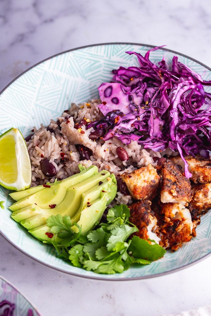 Fish taco bowl on a marble background