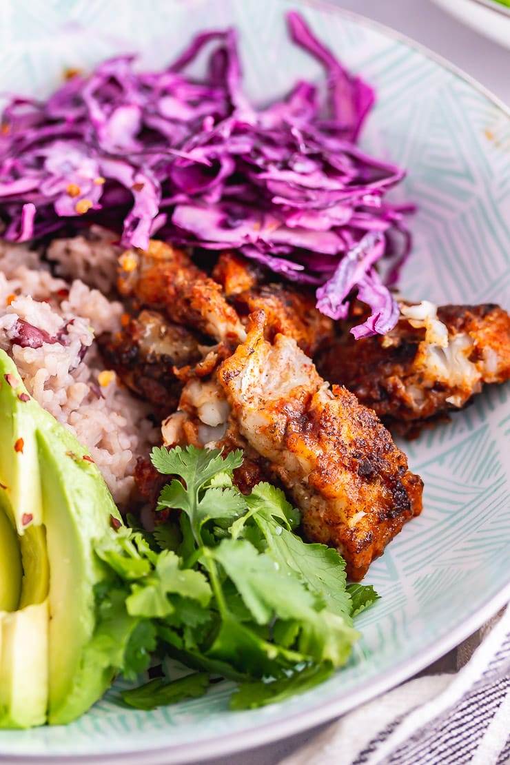 Close up of Mexican fish in a fish taco bowl