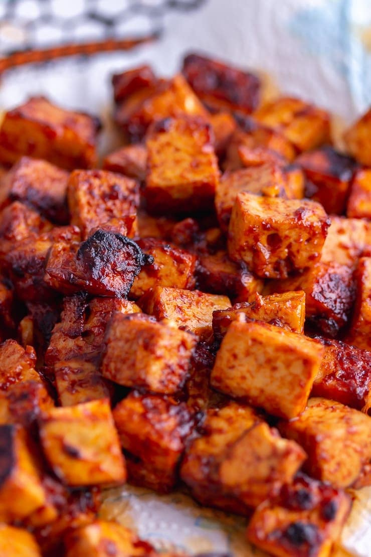 Close up of Korean marinated tofu 