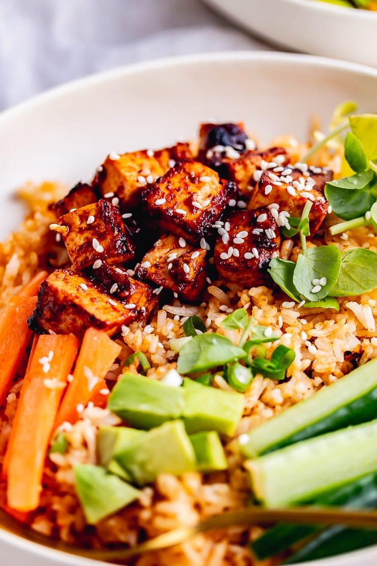 Spicy rice bowl in a cream bowl