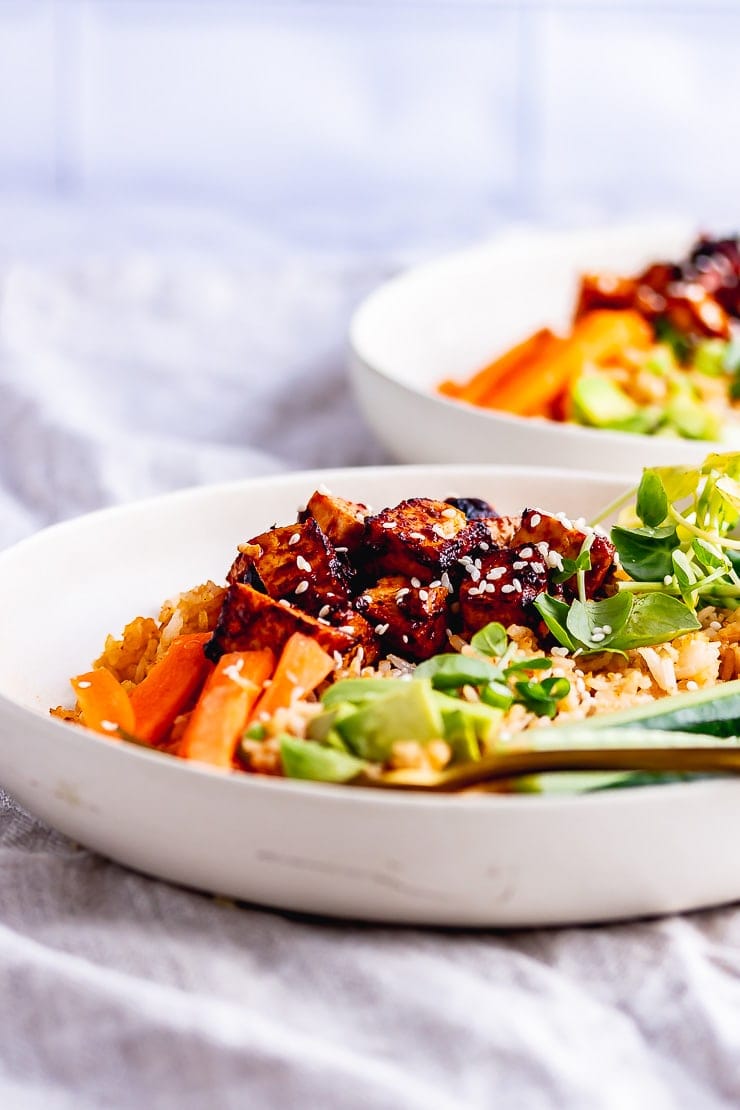 Side on shot of spicy rice bowl with a gold fork