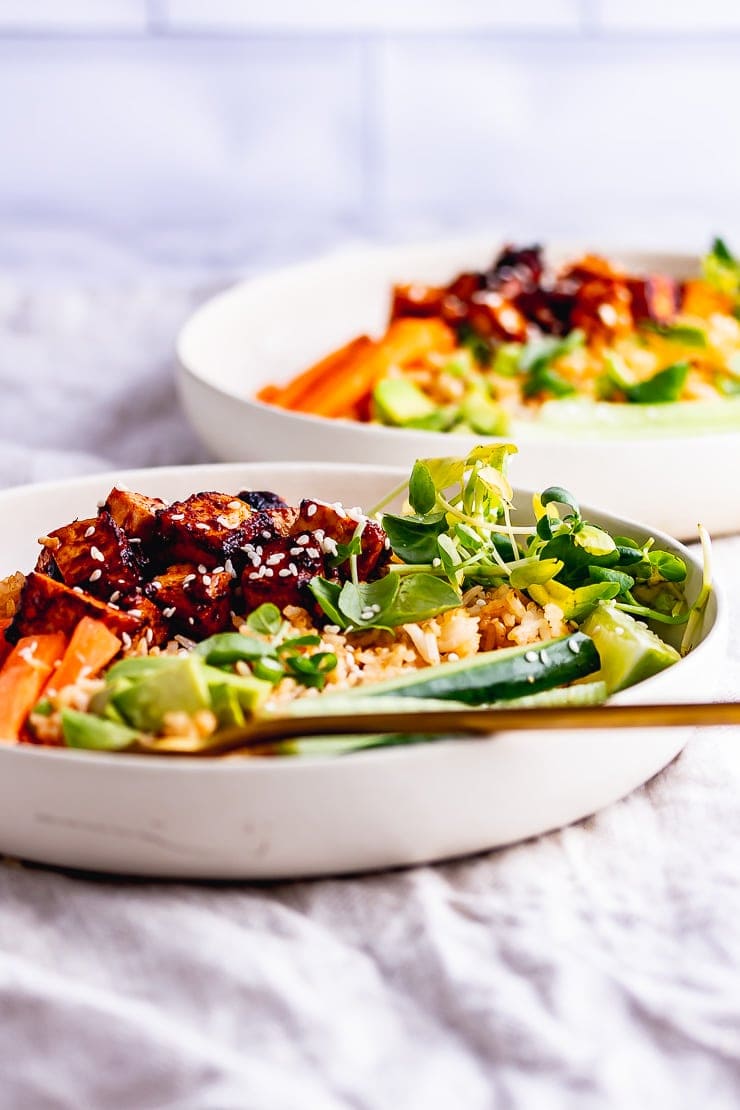 Side on shot of spicy rice bowl with a gold fork