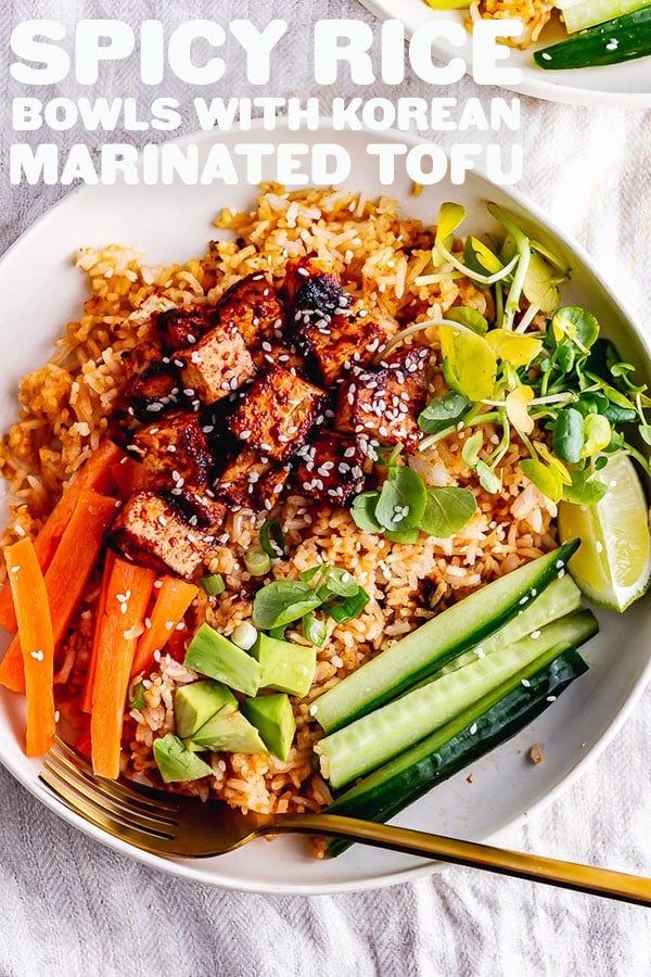 Pinterest image for spicy rice bowls with text overlay