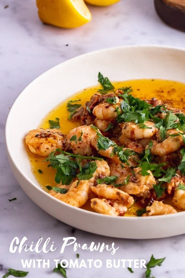 Pinterest image for chilli prawns with text overlay