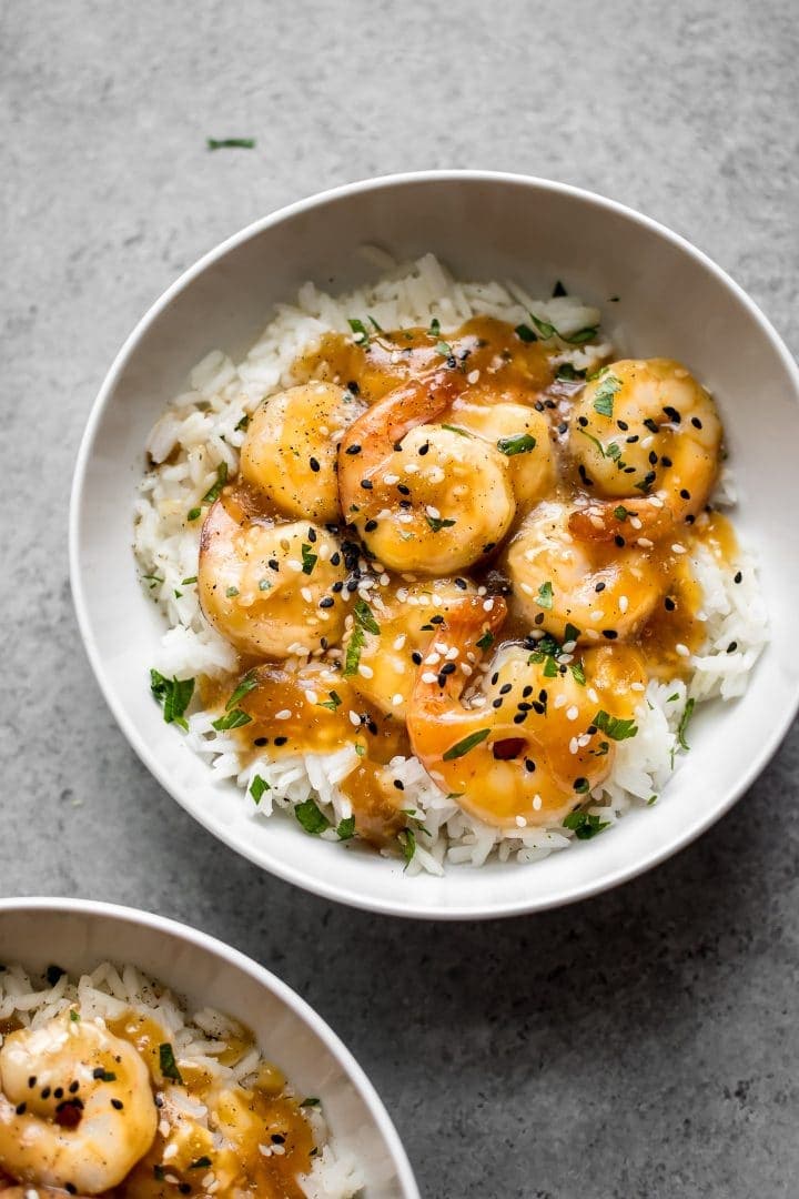 Sesame Ginger Shrimp on a grey background