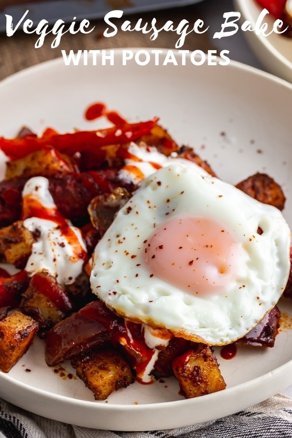 Pinterest image for veggie sausage bake with potatoes with text overlay