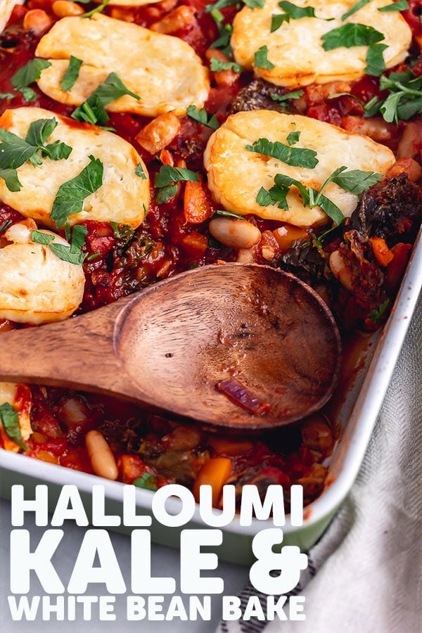 Pinterest image for halloumi, kale & white bean bake with text overlay