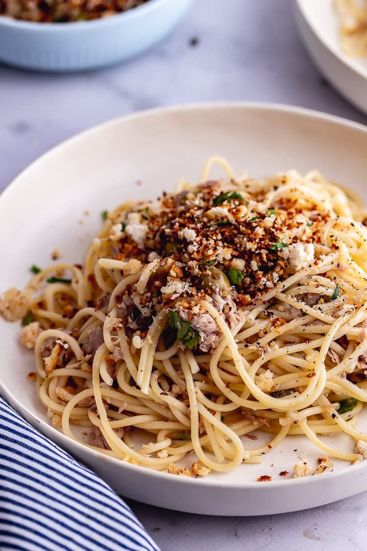 Close up of tuna pasta in a white bowl