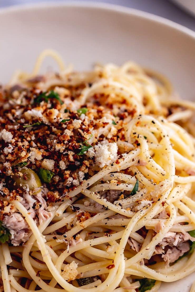 Close up of tuna pasta with pangrattato