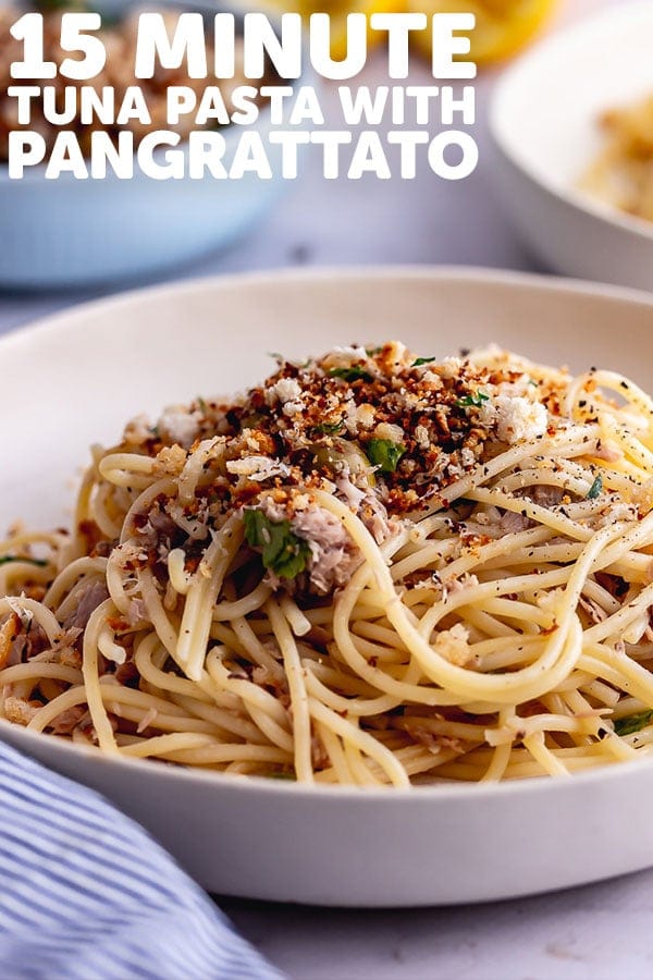 Pinterest image for tuna pasta with text overlay