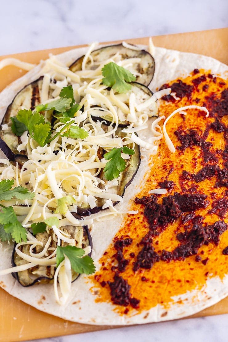 Vegetarian quesadilla with aubergine, cheddar and chipotle paste