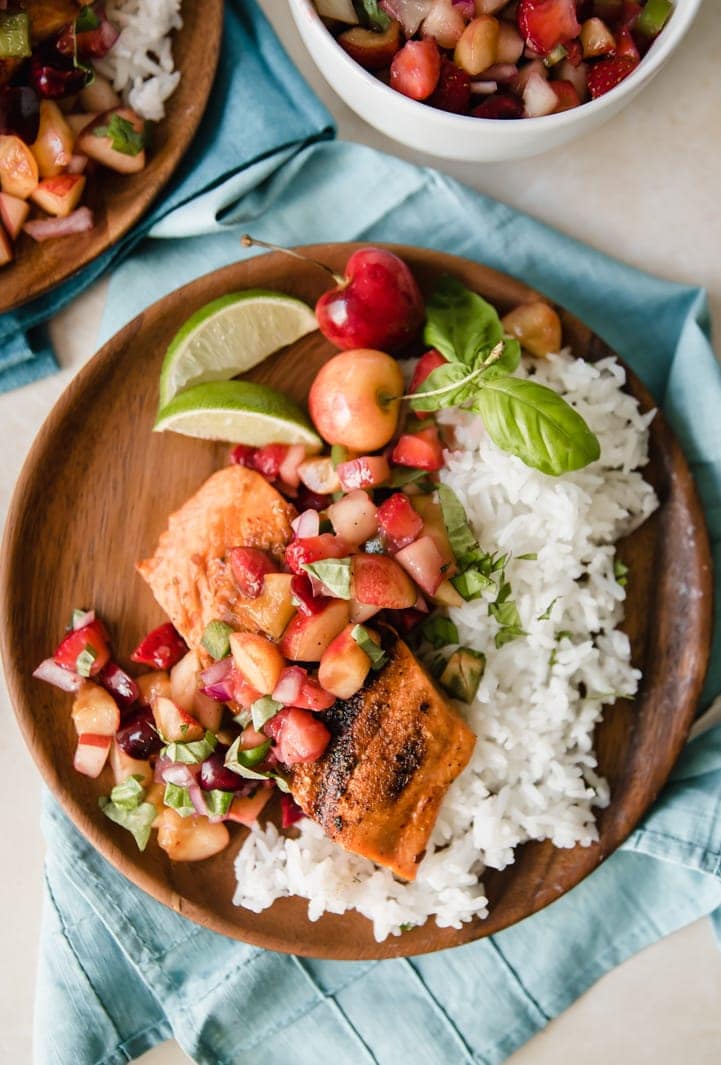 Grilled salmon with stone fruit salsa