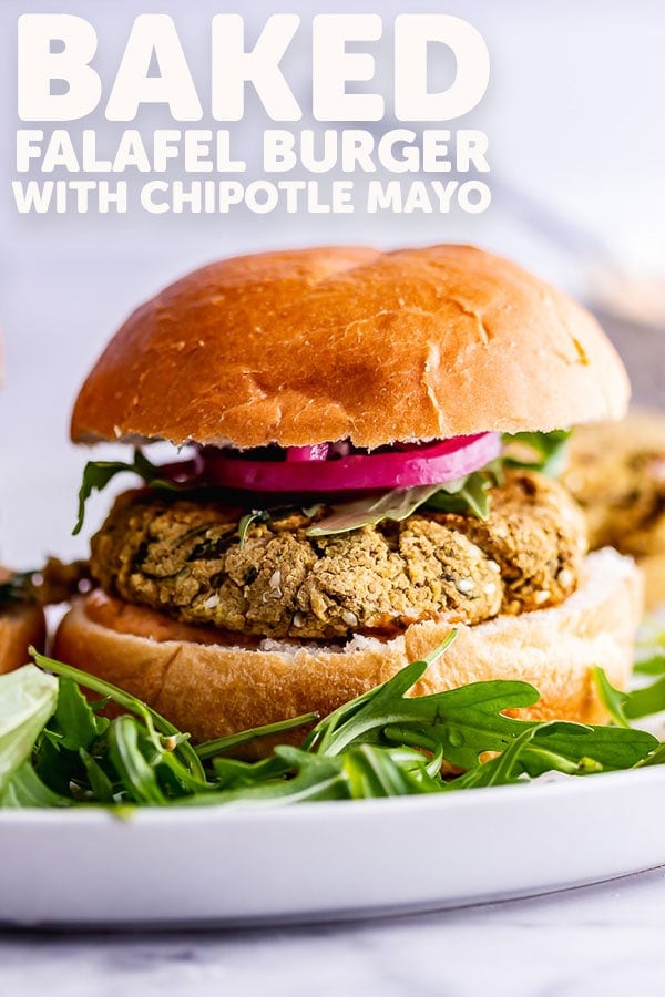 Pinterest image for baked falafel burger with text overlay