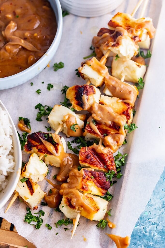 Grilled Halloumi Skewers with Satay Sauce • The Cook Report