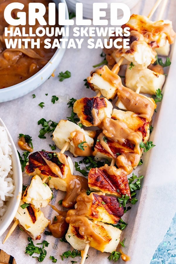 Pinterest image for grilled halloumi skewers with text overlay