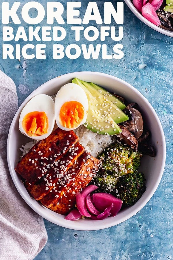 Pinterest image for Korean baked tofu rice bowls with text overlay