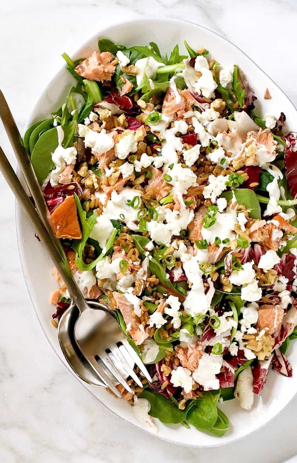 Smoked salmon, farro goats cheese salad