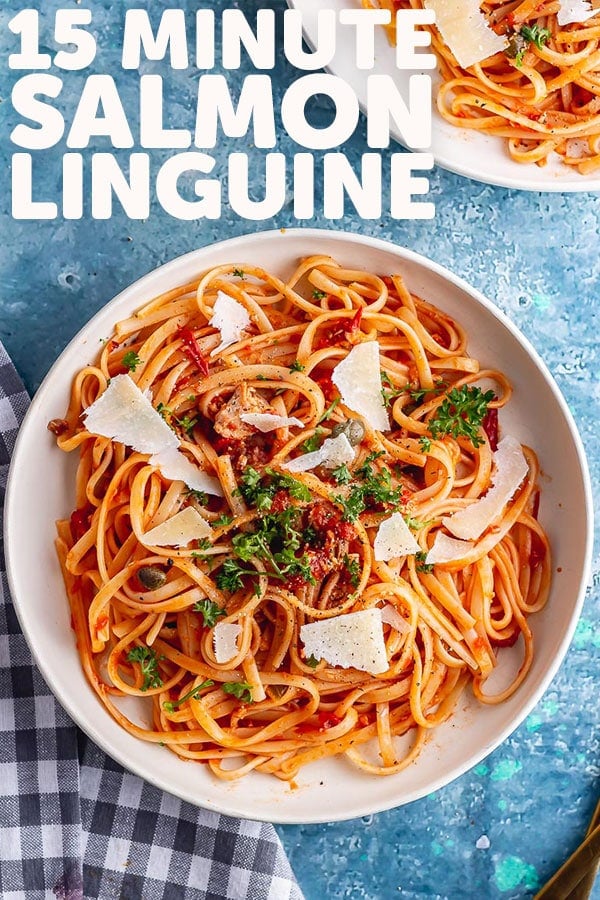 Pinterest image for salmon linguine with text overlay