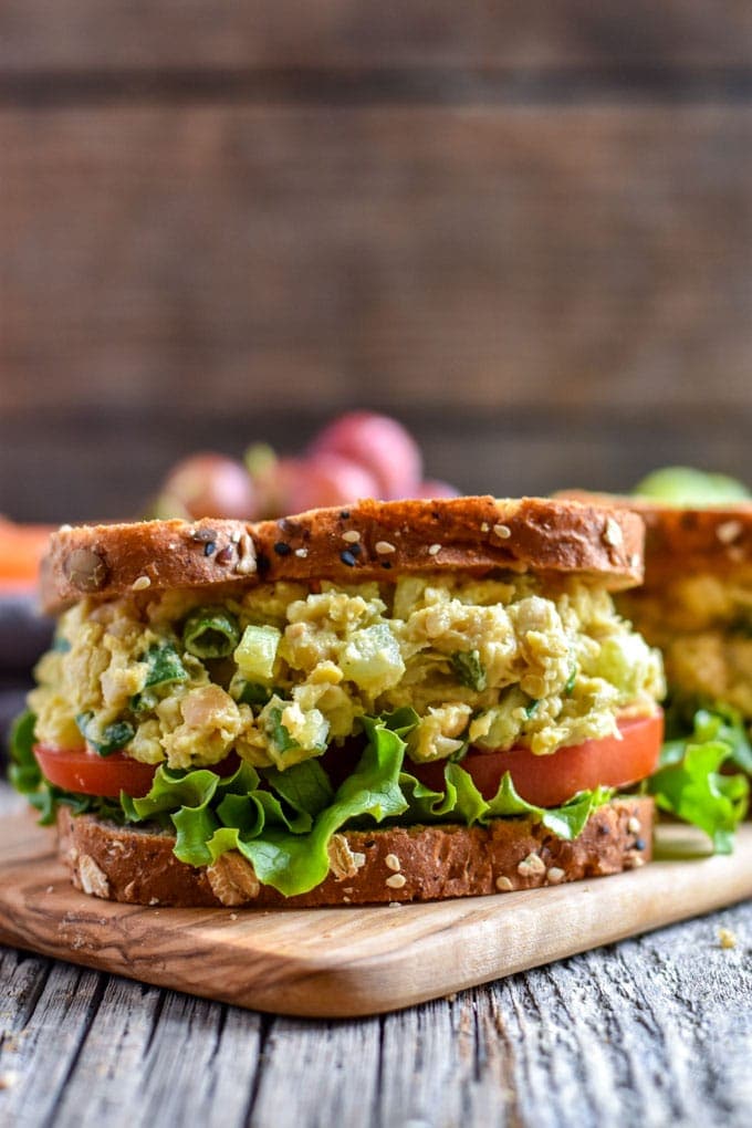 Side on shot of chickpea salad sandwich