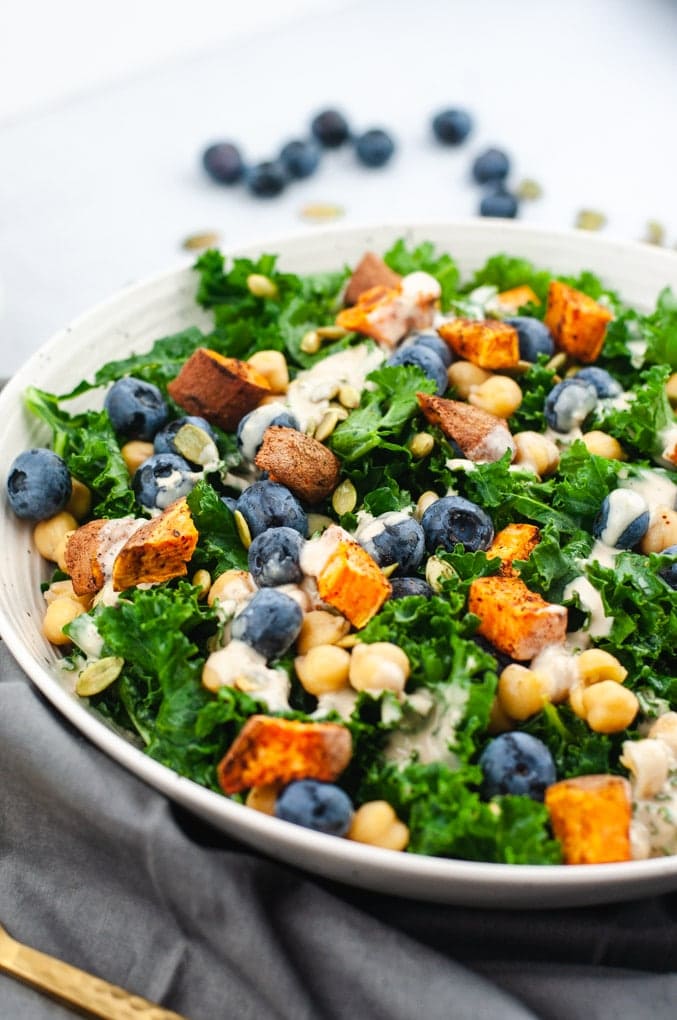 Close up of kale salad with chickpeas