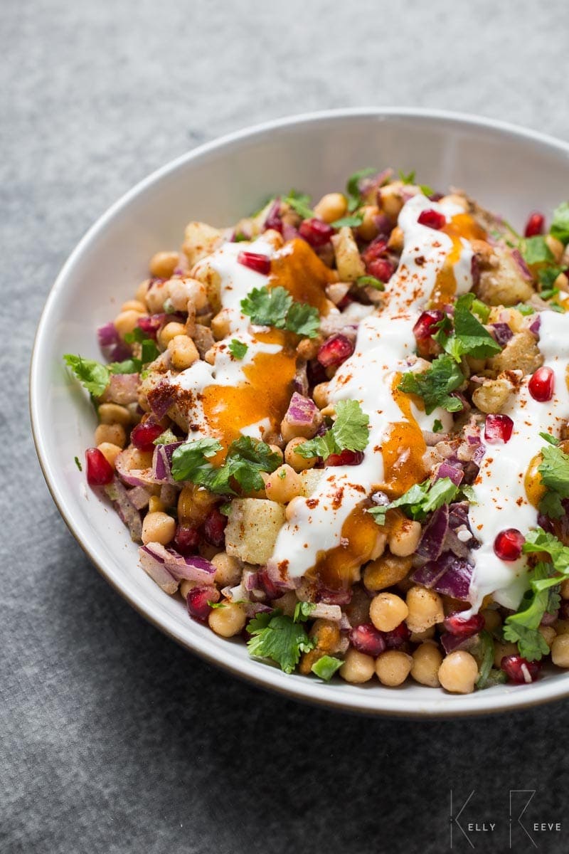 White bowl of masala chana chaat