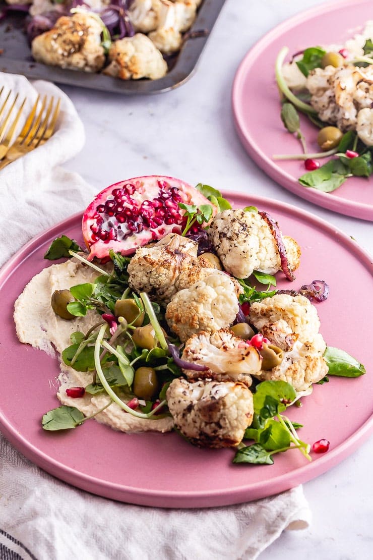 Cauliflower salad with watercress on hummus