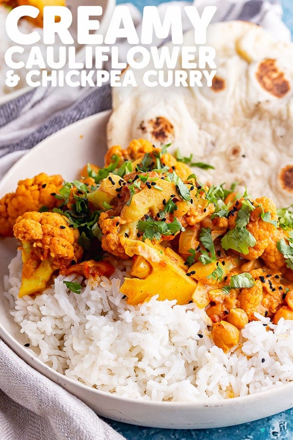 Pinterest image for cauliflower and chickpea curry with text overlay
