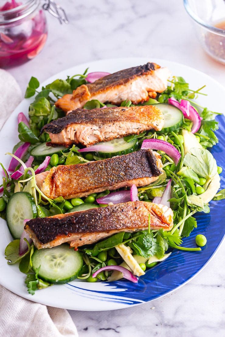 Salmon salad on a blue and white platter on a marble background