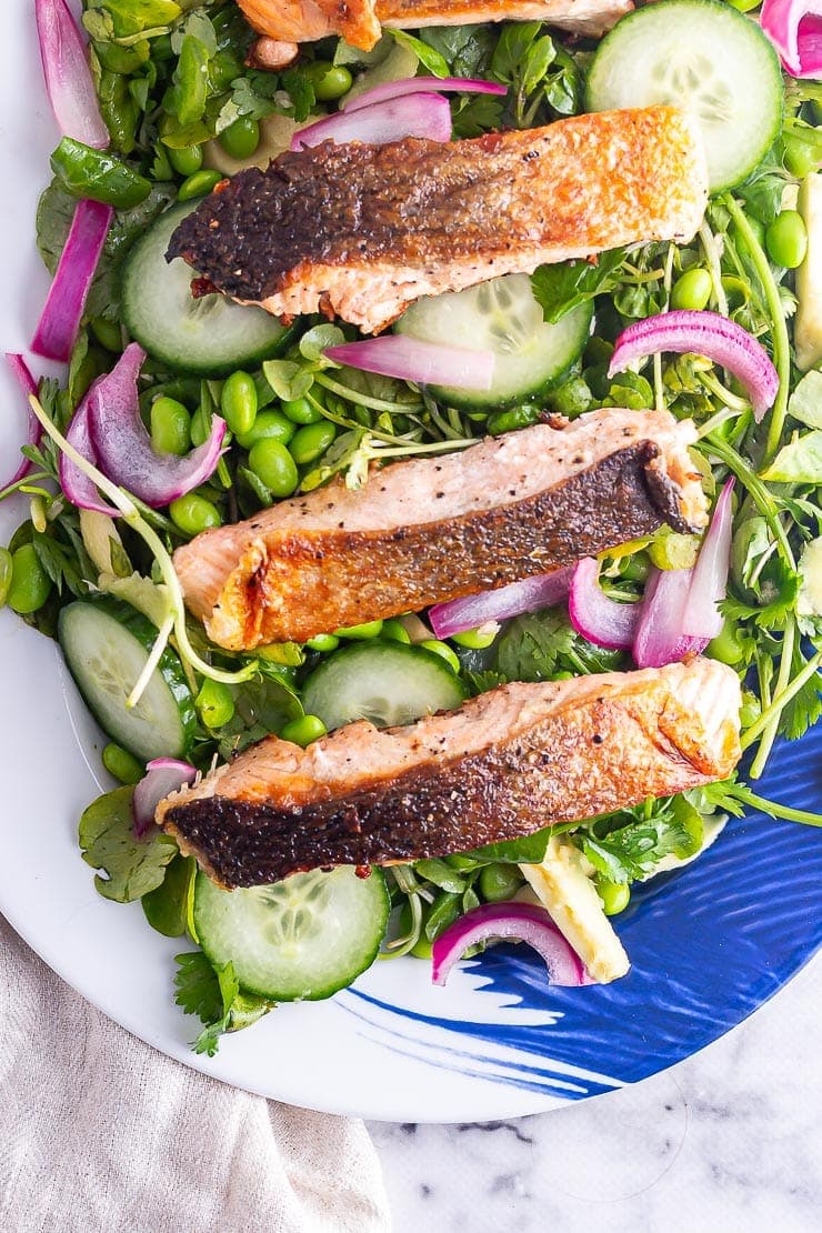 Four salmon fillets on a watercress and cucumber salad on a blue platter