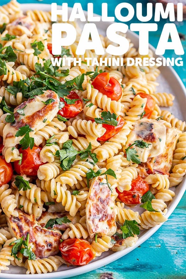 Pinterest image of halloumi pasta with text overlay