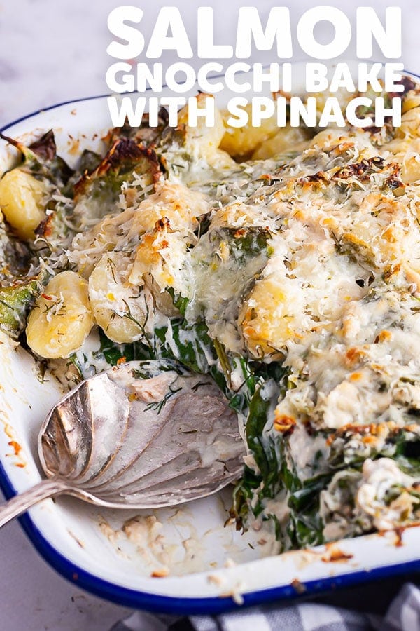 Pinterest image for salmon gnocchi bake with text overlay