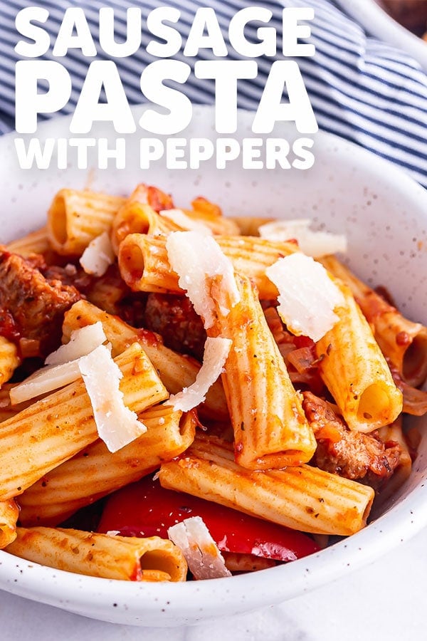 Pinterest image for sausage pasta with text overlay