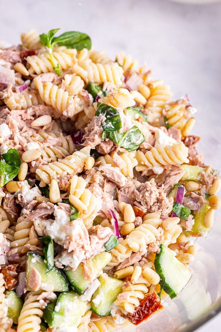 Close up of tuna pasta salad with cucumber 