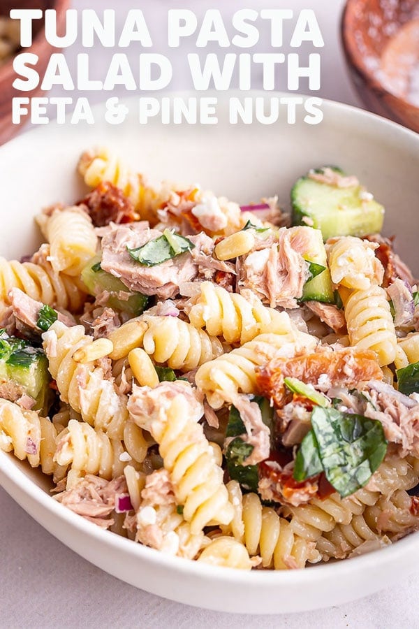 Pinterest image for tuna pasta salad with text overlay