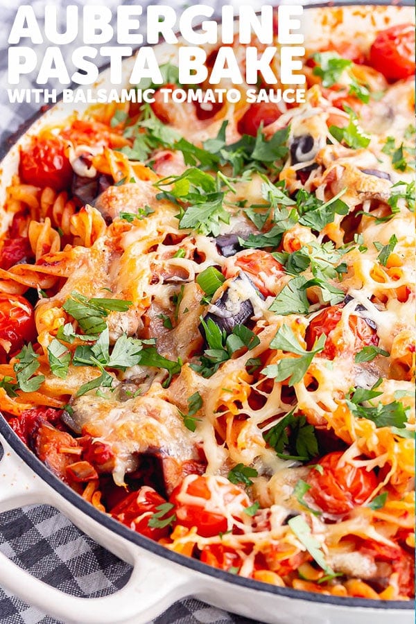 Pinterest image of aubergine pasta bake with text overlay