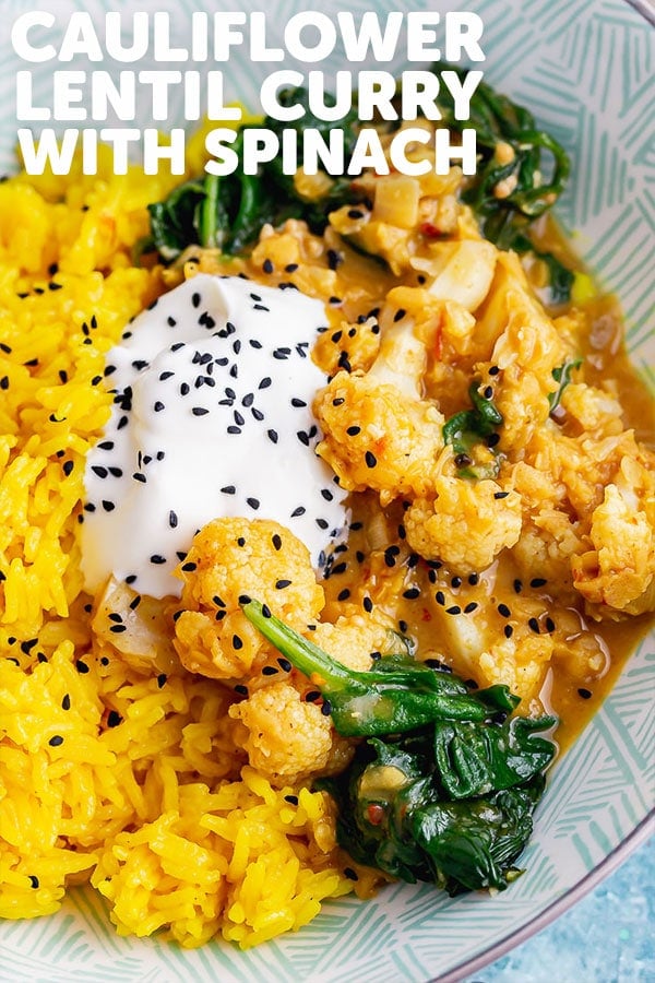 Pinterest image for cauliflower lentil curry with text overlay