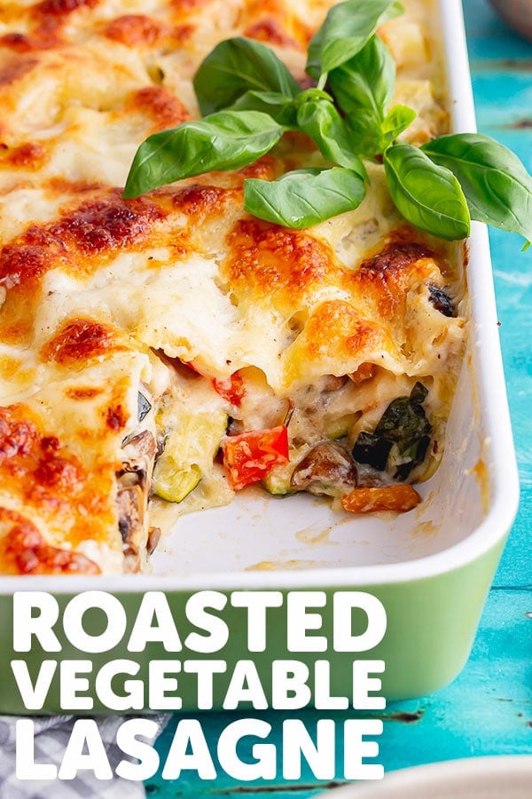 Pinterest image of roasted vegetable lasagne with text overlay