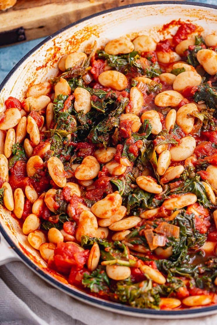 Butter bean stew in a white casserole dish