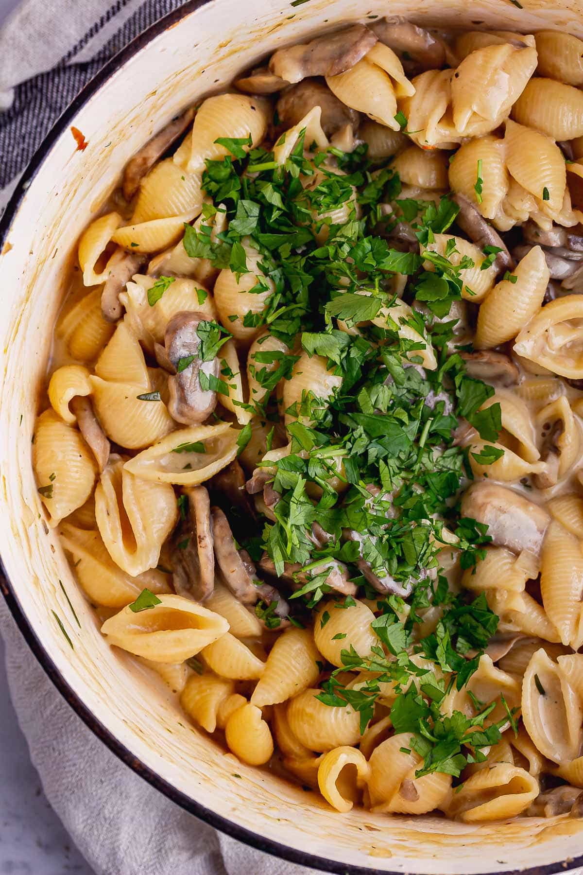 Overhead shot of mushroom stroganoff with parsley 