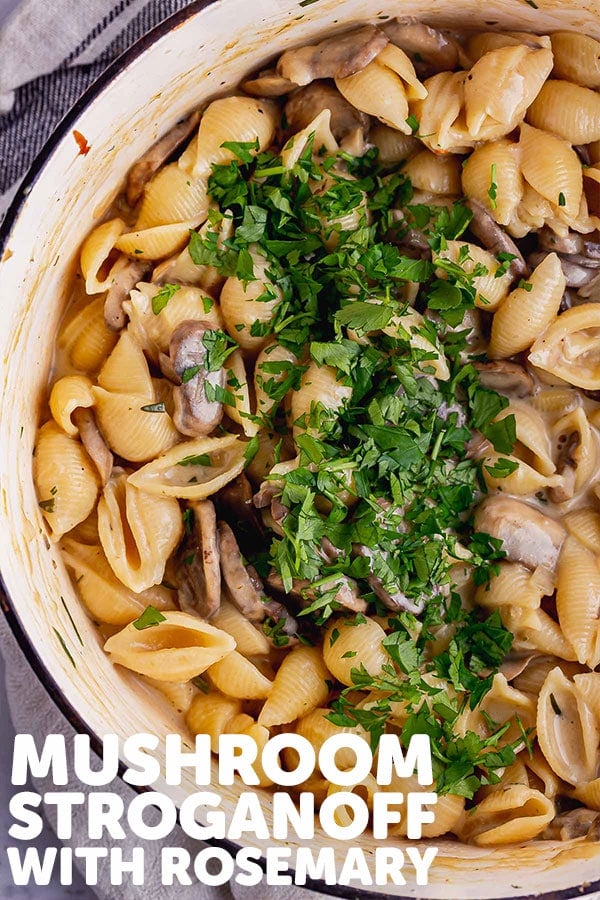 Pinterest image for mushroom stroganoff with text overlay